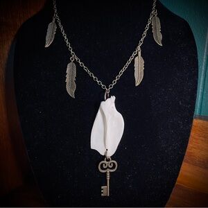Possum Scapula Bone Feather Key Oxidized Brass Chain Necklace